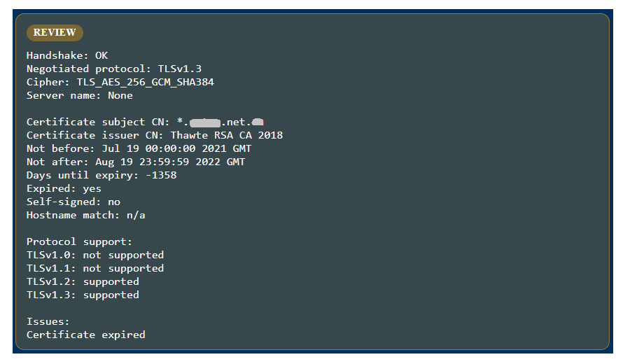 Front Screen check result showing expired TLS certificate and CVE findings