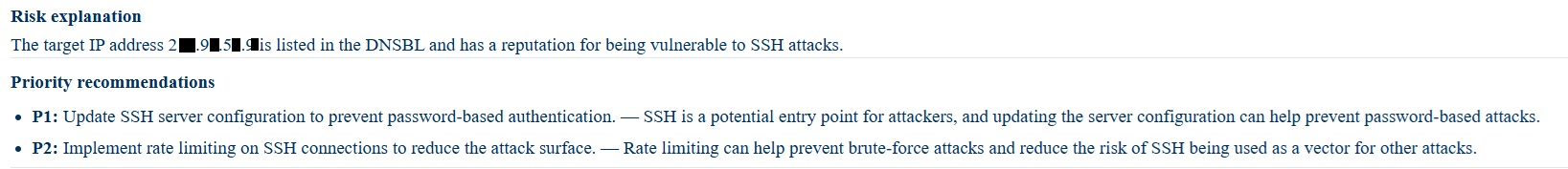 Front Screen result showing SSH-related risk explanation and recommendations